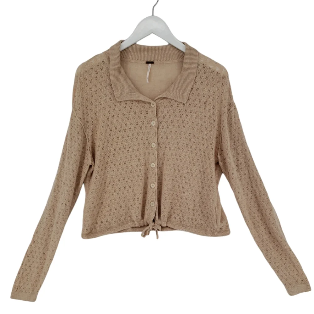 Free People Betty Linen Blend Pointelle Collared Sweater Large Dusty Pink